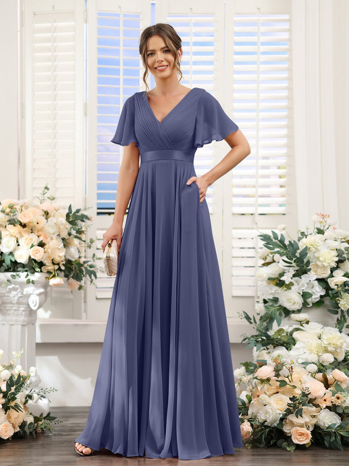 Ligne A/Princesse Col en V Manches Courtes Mousseline Robes de Demoiselle d'Honneur avec Poches