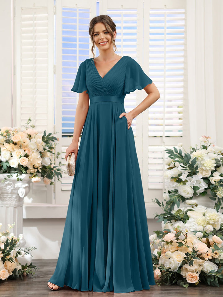 Ligne A/Princesse Col en V Manches Courtes Mousseline Robes de Demoiselle d'Honneur avec Poches