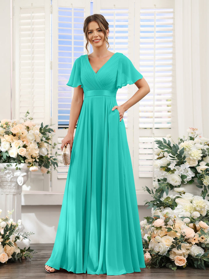 Ligne A/Princesse Col en V Manches Courtes Mousseline Robes de Demoiselle d'Honneur avec Poches