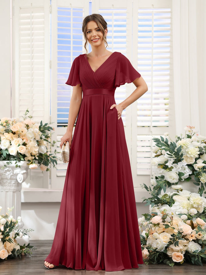 Ligne A/Princesse Col en V Manches Courtes Mousseline Robes de Demoiselle d'Honneur avec Poches