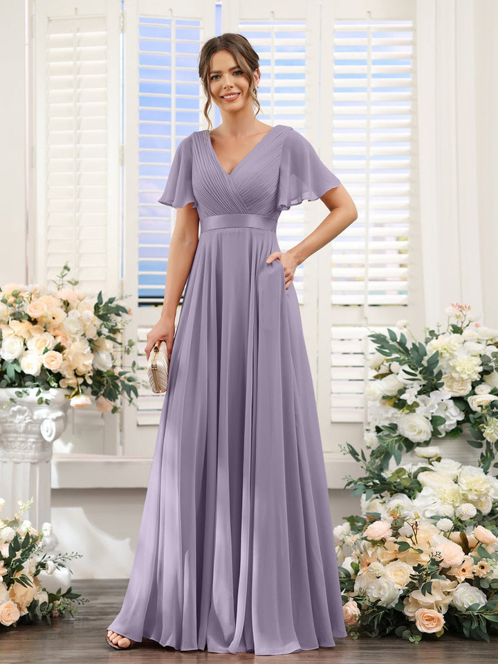 Ligne A/Princesse Col en V Manches Courtes Mousseline Robes de Demoiselle d'Honneur avec Poches