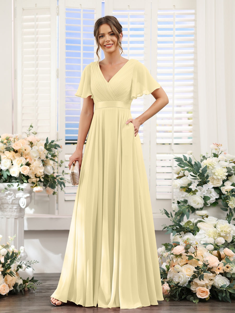 Ligne A/Princesse Col en V Manches Courtes Mousseline Robes de Demoiselle d'Honneur avec Poches
