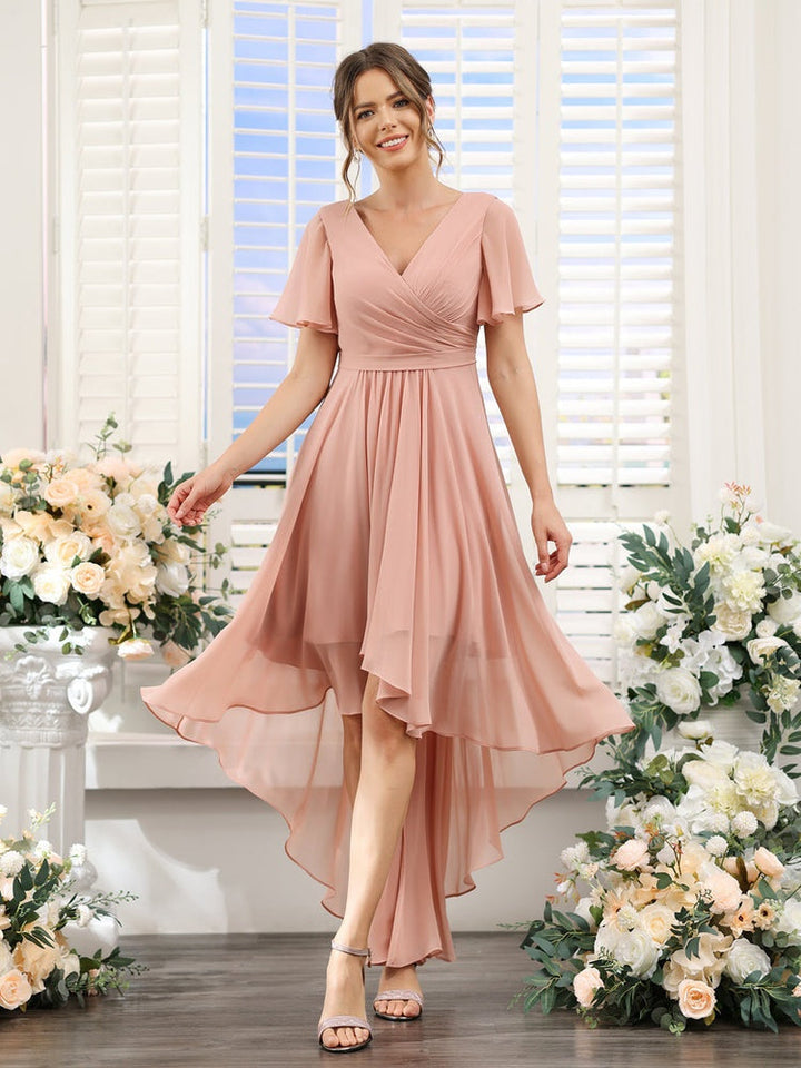 Ligne A/Princesse Col en V Manches Courtes Asymétrique Mousseline Robes de Demoiselle d'Honneur avec Ruché
