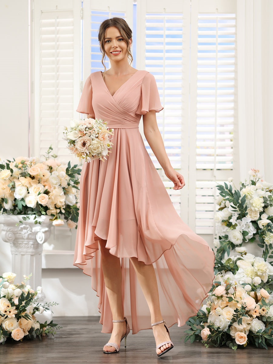Ligne A/Princesse Col en V Manches Courtes Asymétrique Mousseline Robes de Demoiselle d'Honneur avec Ruché