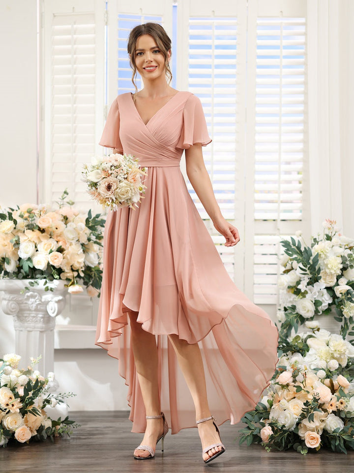 Ligne A/Princesse Col en V Manches Courtes Asymétrique Mousseline Robes de Demoiselle d'Honneur avec Ruché