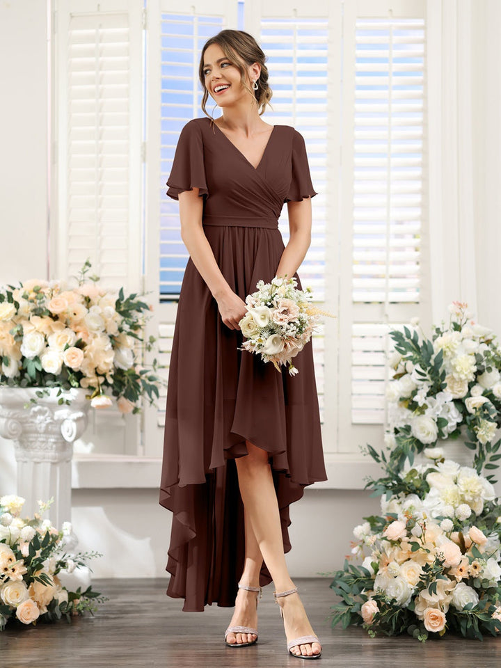 Ligne A/Princesse Col en V Manches Courtes Asymétrique Mousseline Robes de Demoiselle d'Honneur avec Ruché