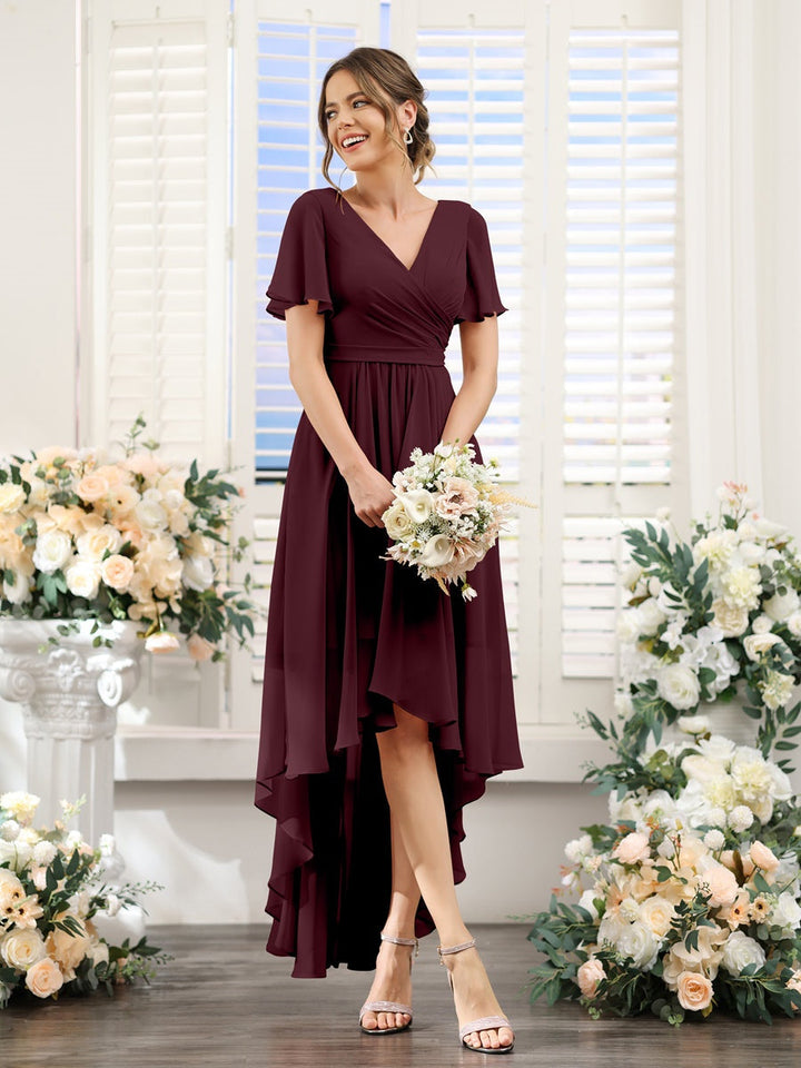 Ligne A/Princesse Col en V Manches Courtes Asymétrique Mousseline Robes de Demoiselle d'Honneur avec Ruché