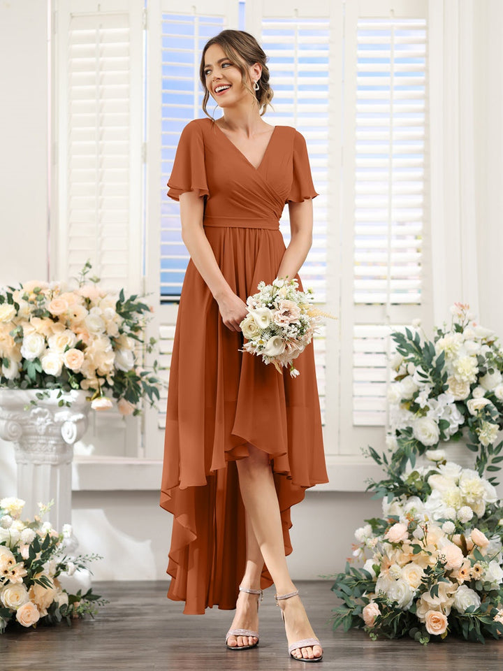 Ligne A/Princesse Col en V Manches Courtes Asymétrique Mousseline Robes de Demoiselle d'Honneur avec Ruché