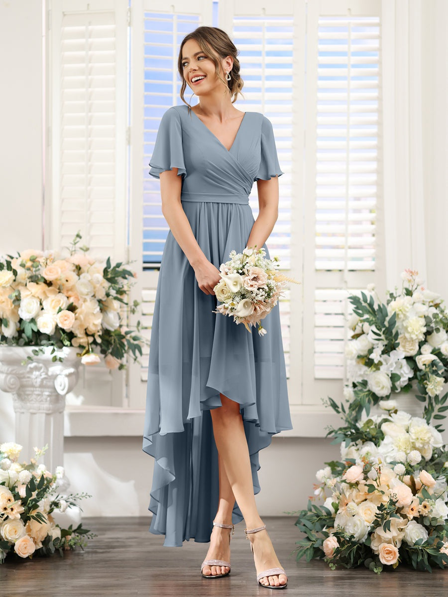 Ligne A/Princesse Col en V Manches Courtes Asymétrique Mousseline Robes de Demoiselle d'Honneur avec Ruché