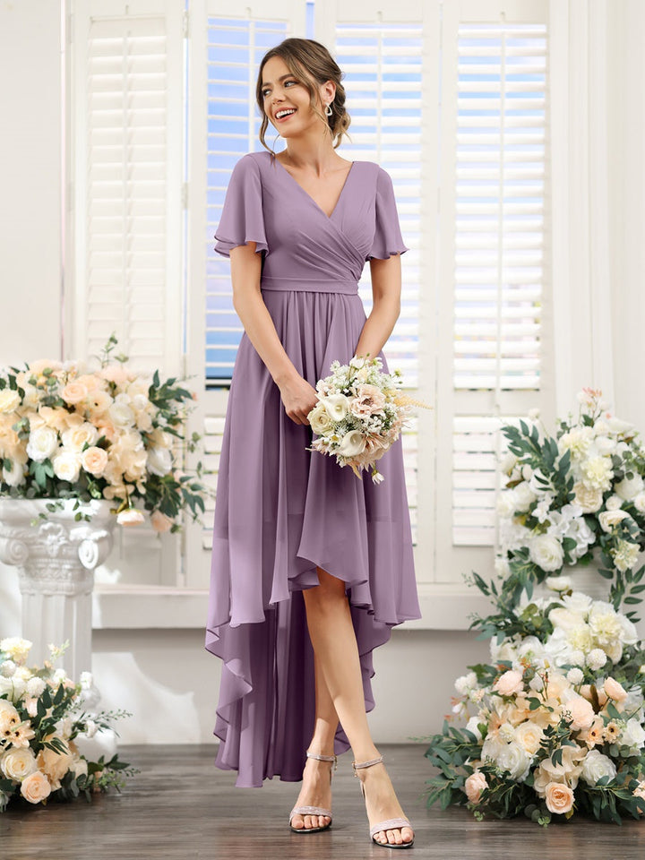 Ligne A/Princesse Col en V Manches Courtes Asymétrique Mousseline Robes de Demoiselle d'Honneur avec Ruché
