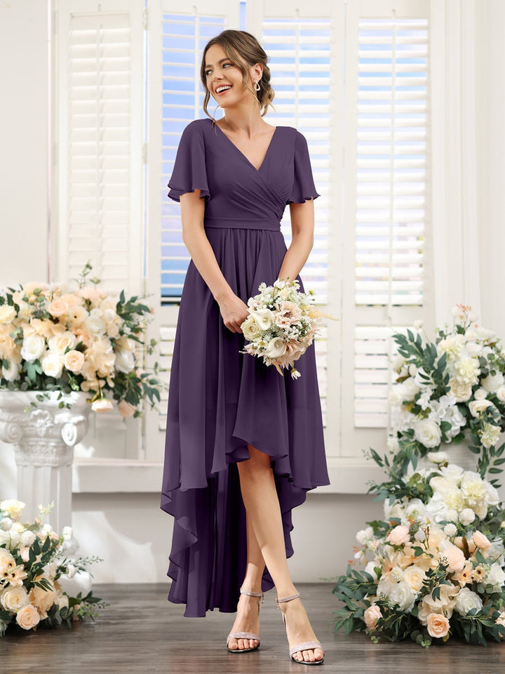 Ligne A/Princesse Col en V Manches Courtes Asymétrique Mousseline Robes de Demoiselle d'Honneur avec Ruché