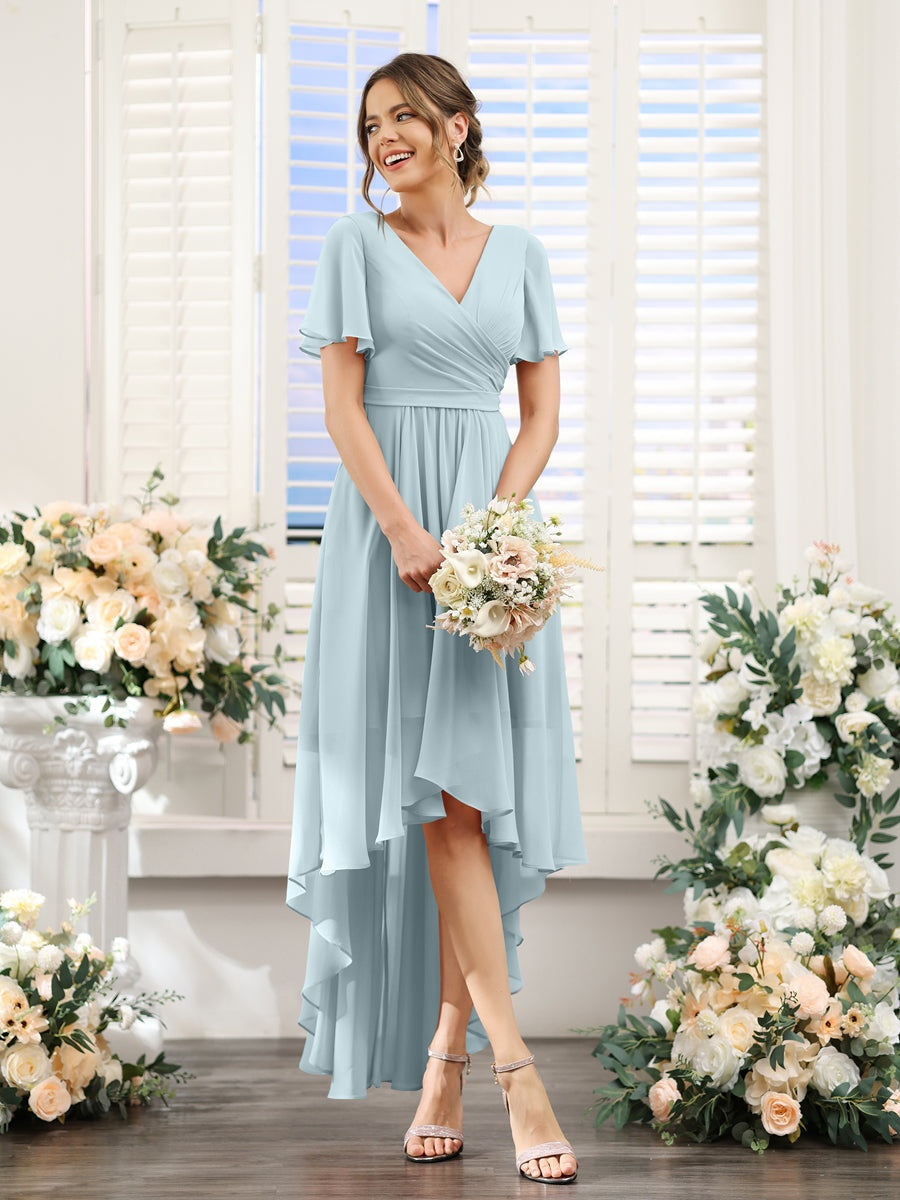 Ligne A/Princesse Col en V Manches Courtes Asymétrique Mousseline Robes de Demoiselle d'Honneur avec Ruché