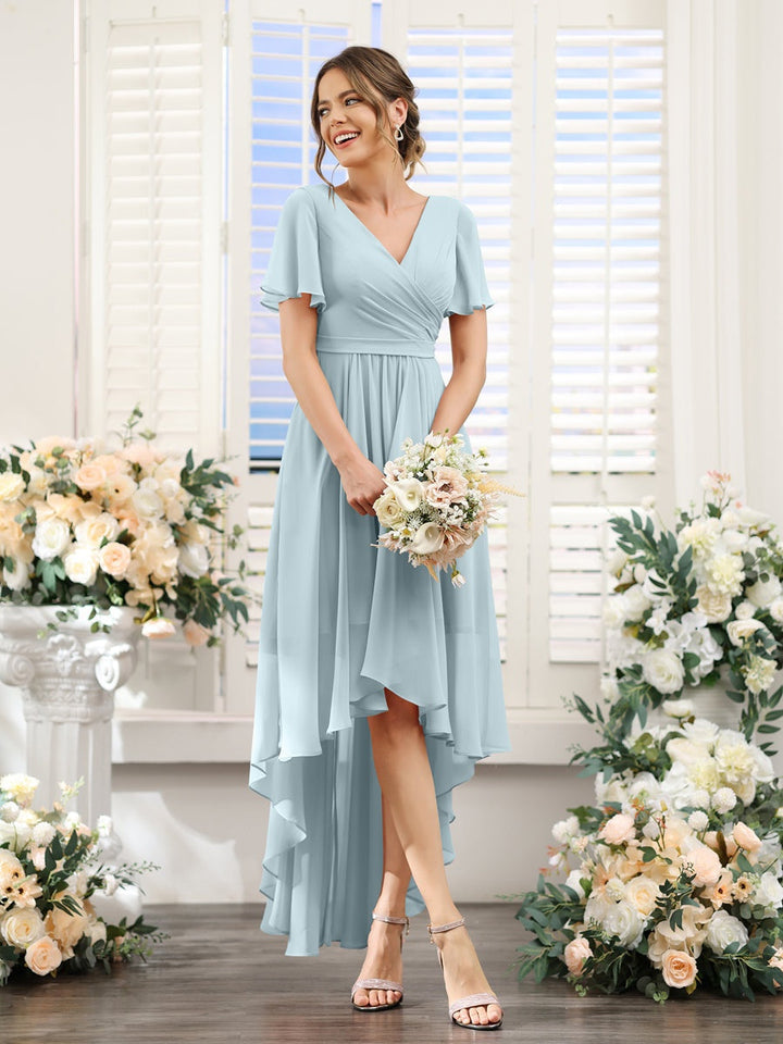 Ligne A/Princesse Col en V Manches Courtes Asymétrique Mousseline Robes de Demoiselle d'Honneur avec Ruché