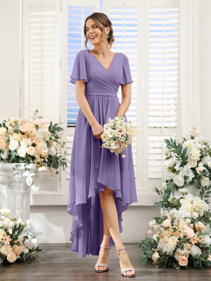 Ligne A/Princesse Col en V Manches Courtes Asymétrique Mousseline Robes de Demoiselle d'Honneur avec Ruché