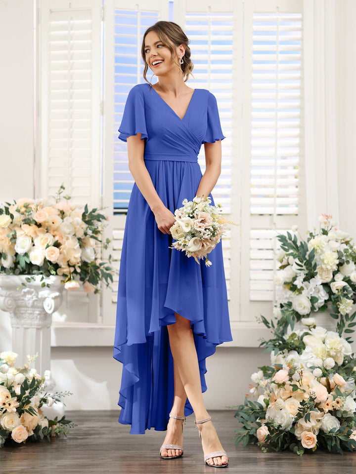 Ligne A/Princesse Col en V Manches Courtes Asymétrique Mousseline Robes de Demoiselle d'Honneur avec Ruché
