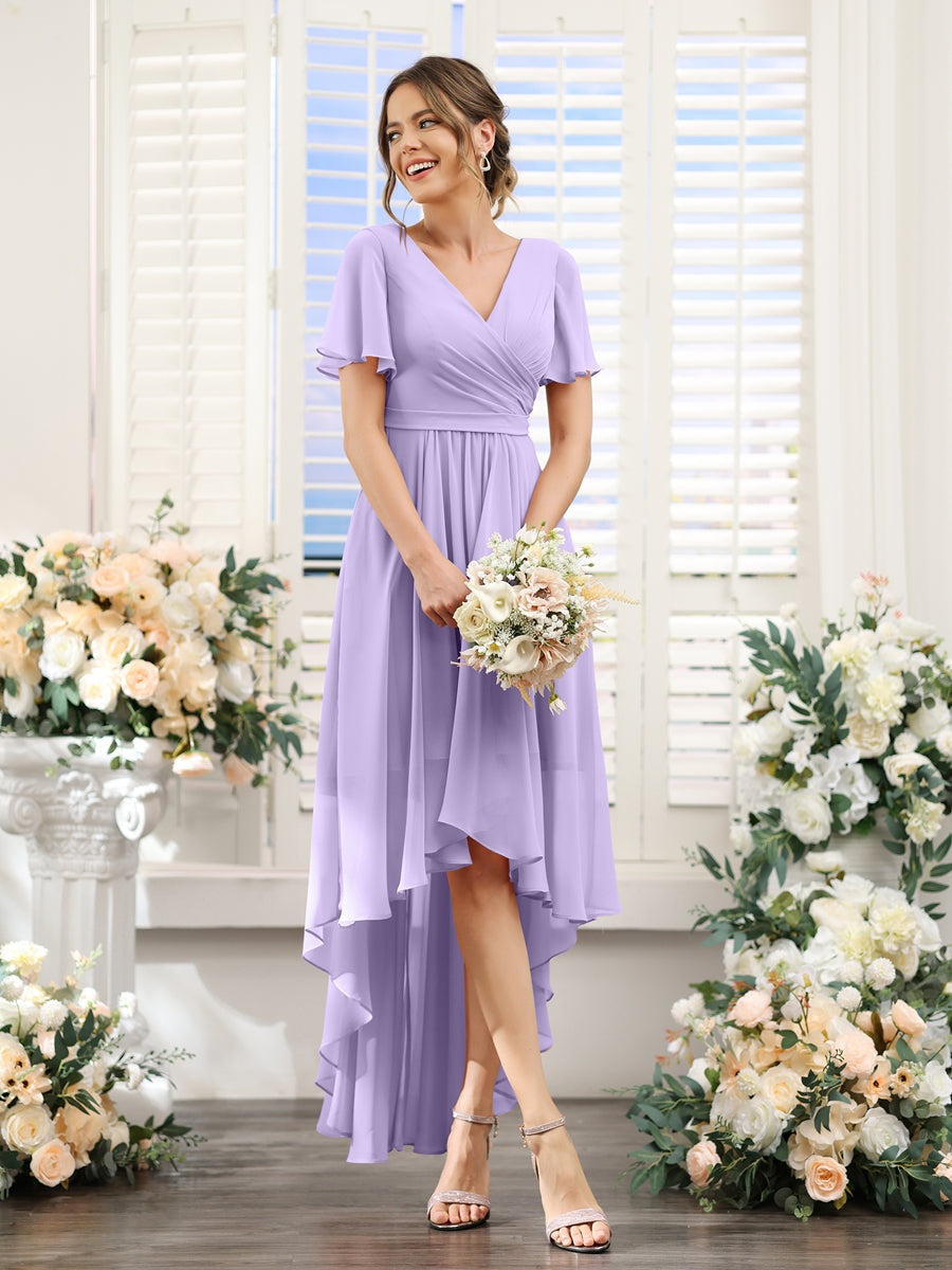 Ligne A/Princesse Col en V Manches Courtes Asymétrique Mousseline Robes de Demoiselle d'Honneur avec Ruché