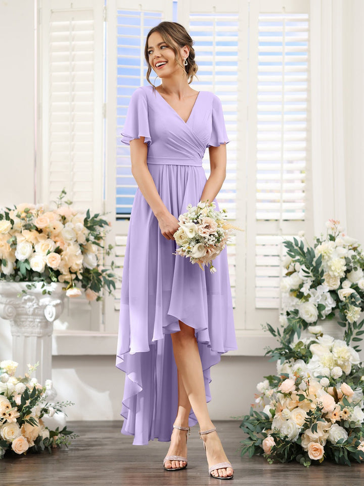 Ligne A/Princesse Col en V Manches Courtes Asymétrique Mousseline Robes de Demoiselle d'Honneur avec Ruché