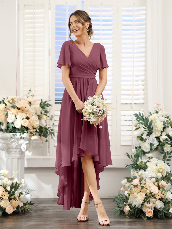 Ligne A/Princesse Col en V Manches Courtes Asymétrique Mousseline Robes de Demoiselle d'Honneur avec Ruché