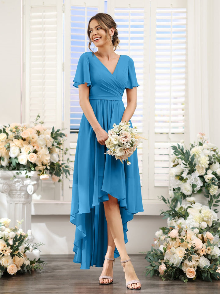 Ligne A/Princesse Col en V Manches Courtes Asymétrique Mousseline Robes de Demoiselle d'Honneur avec Ruché