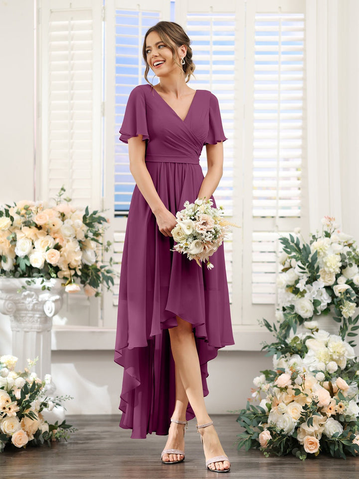 Ligne A/Princesse Col en V Manches Courtes Asymétrique Mousseline Robes de Demoiselle d'Honneur avec Ruché