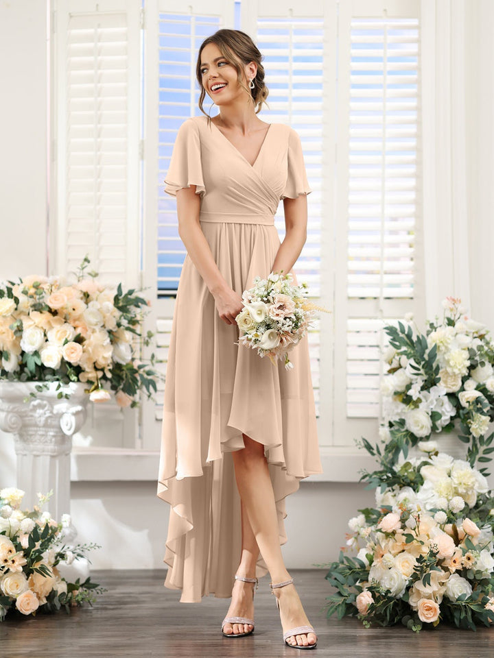 Ligne A/Princesse Col en V Manches Courtes Asymétrique Mousseline Robes de Demoiselle d'Honneur avec Ruché
