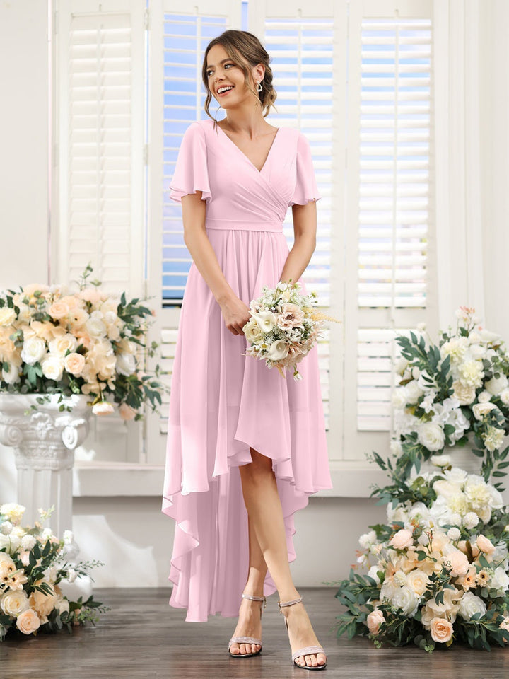 Ligne A/Princesse Col en V Manches Courtes Asymétrique Mousseline Robes de Demoiselle d'Honneur avec Ruché