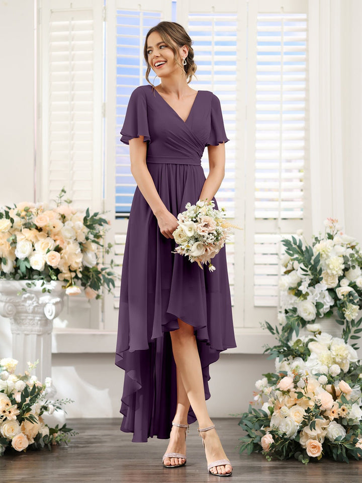Ligne A/Princesse Col en V Manches Courtes Asymétrique Mousseline Robes de Demoiselle d'Honneur avec Ruché