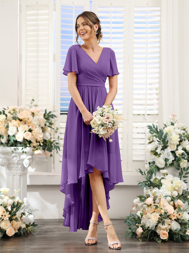 Ligne A/Princesse Col en V Manches Courtes Asymétrique Mousseline Robes de Demoiselle d'Honneur avec Ruché