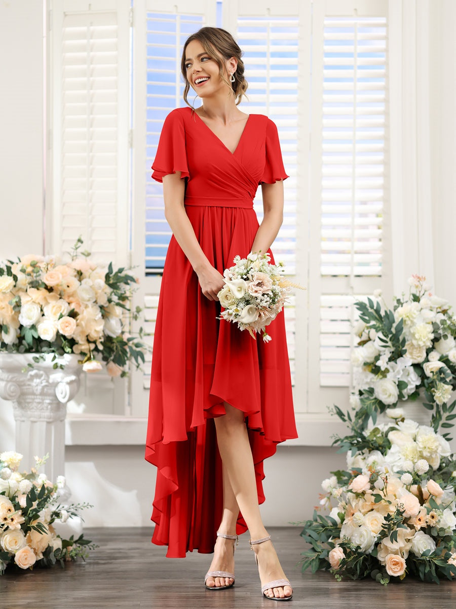 Ligne A/Princesse Col en V Manches Courtes Asymétrique Mousseline Robes de Demoiselle d'Honneur avec Ruché