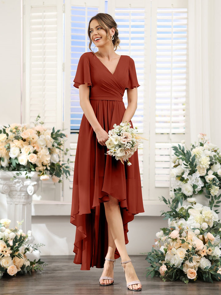 Ligne A/Princesse Col en V Manches Courtes Asymétrique Mousseline Robes de Demoiselle d'Honneur avec Ruché