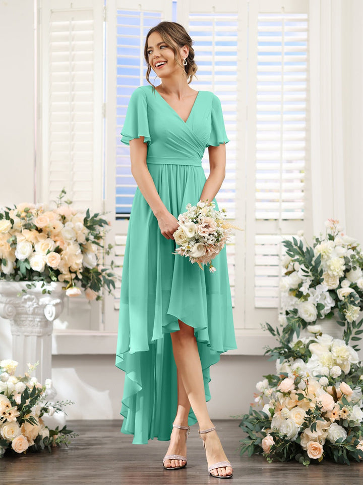 Ligne A/Princesse Col en V Manches Courtes Asymétrique Mousseline Robes de Demoiselle d'Honneur avec Ruché