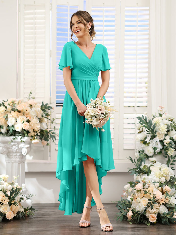 Ligne A/Princesse Col en V Manches Courtes Asymétrique Mousseline Robes de Demoiselle d'Honneur avec Ruché