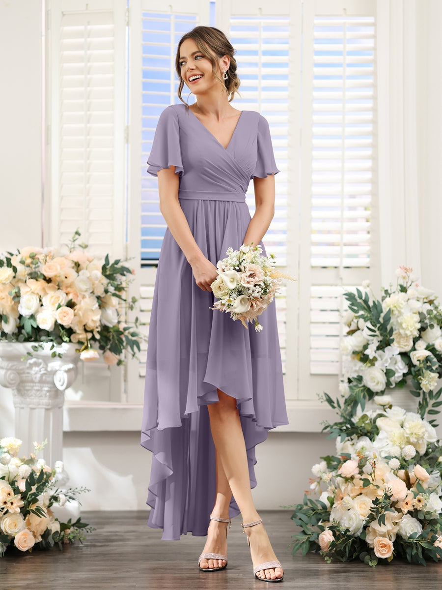 Ligne A/Princesse Col en V Manches Courtes Asymétrique Mousseline Robes de Demoiselle d'Honneur avec Ruché
