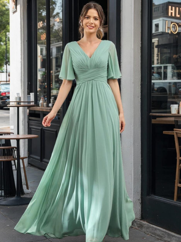 Ligne A/Princesse Col en V Demi-manches Mousseline Robes de Demoiselle d'Honneur avec Poches & Côté Divisé