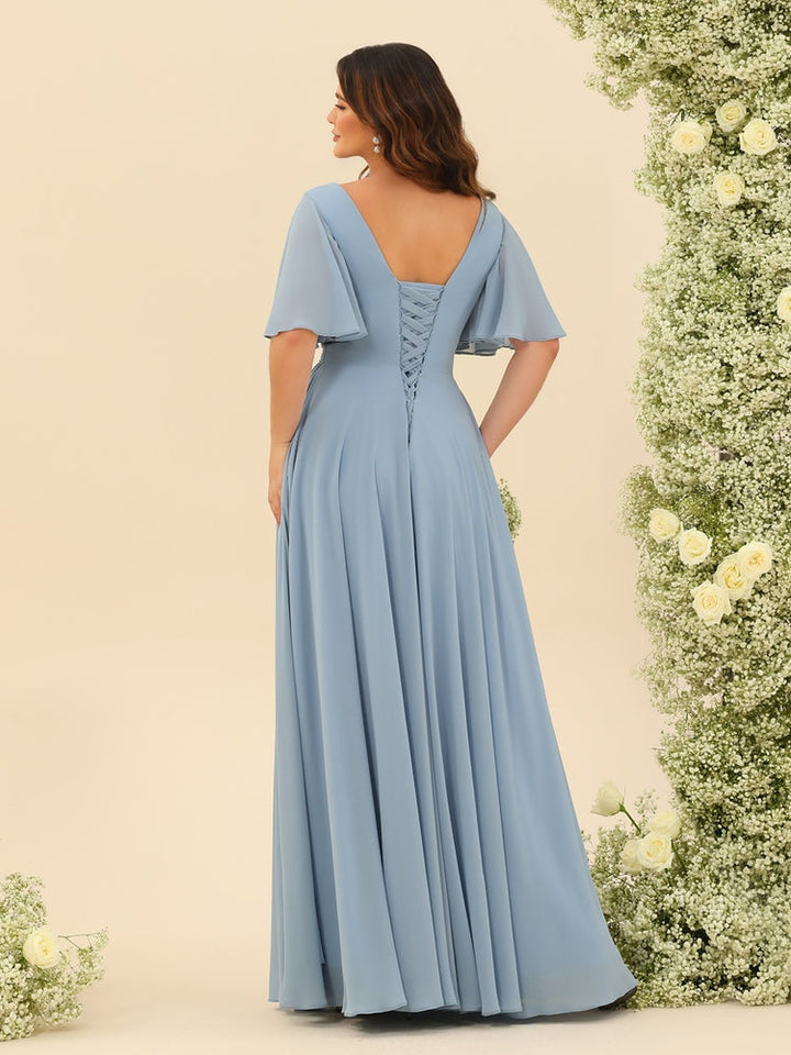 Ligne A/Princesse Col en V Demi-manches Mousseline Robes de Demoiselle d'Honneur avec Poches & Côté Divisé