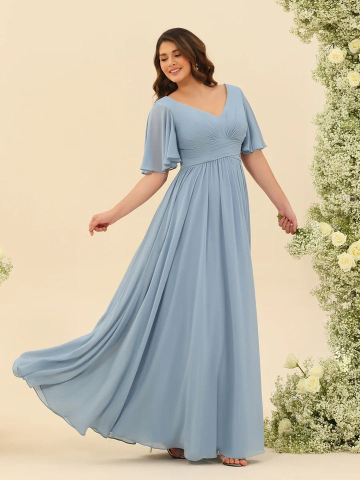 Ligne A/Princesse Col en V Demi-manches Mousseline Robes de Demoiselle d'Honneur avec Poches & Côté Divisé
