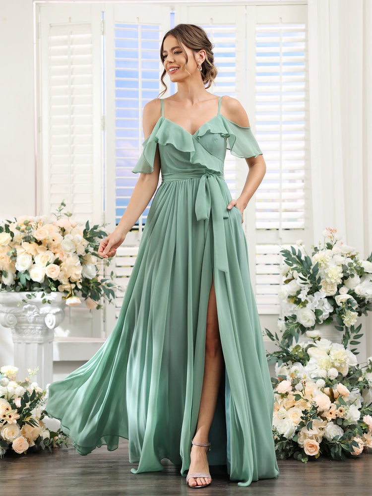 Ligne A/Princesse Col en V Bretelles Spaghetti La Longueur du Sol Robes de Demoiselle d'Honneur avec Poches
