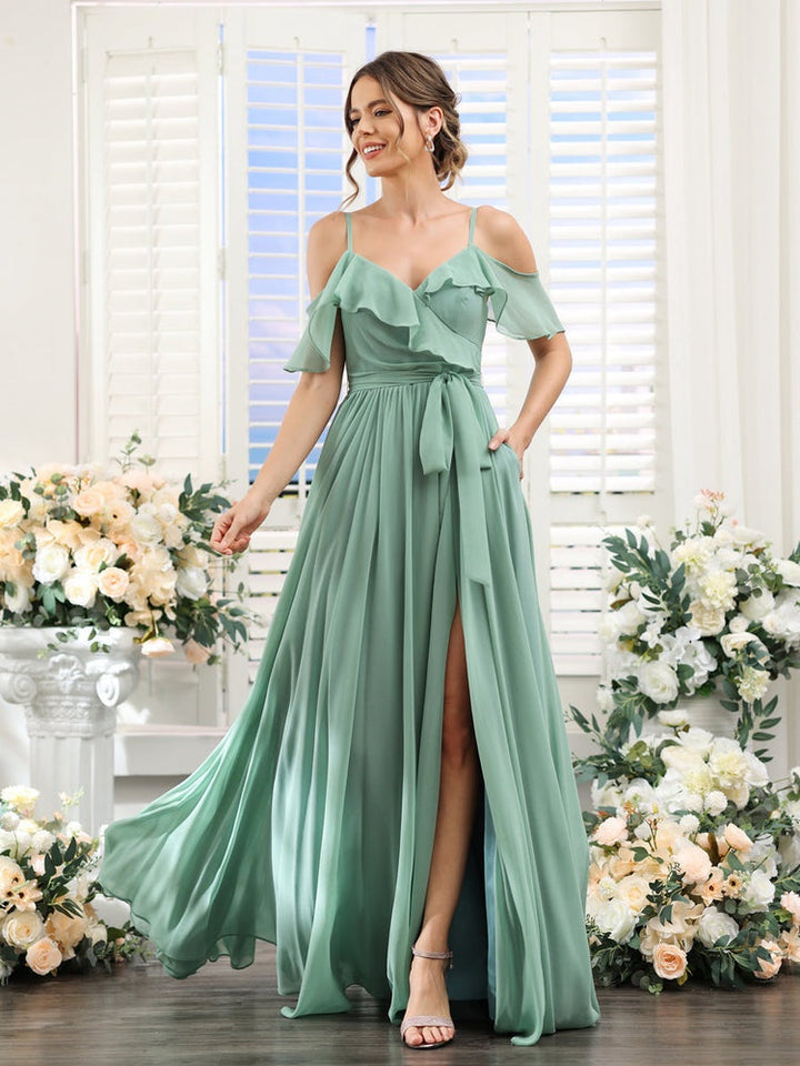 Ligne A/Princesse Col en V Bretelles Spaghetti La Longueur du Sol Robes de Demoiselle d'Honneur avec Poches