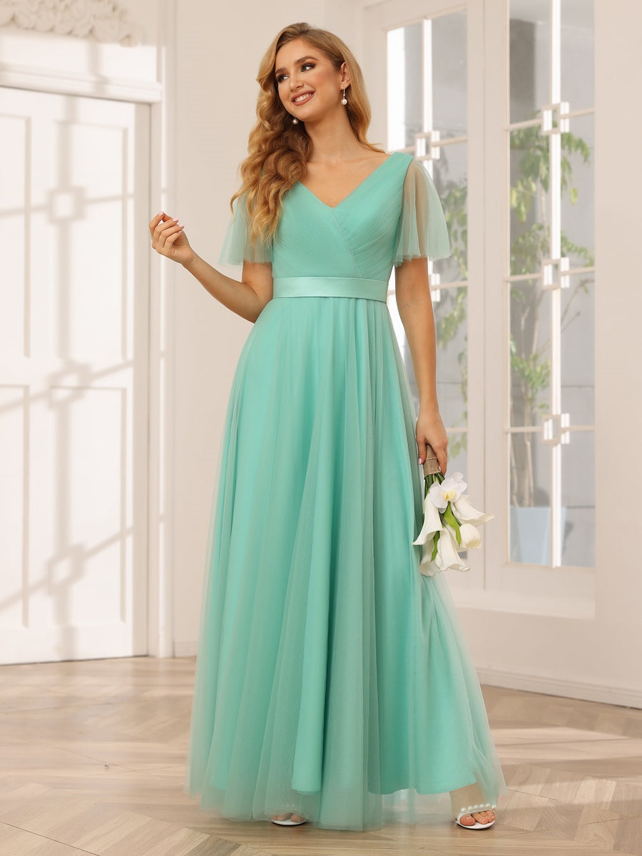 Ligne A/Princesse Col en V Manches Courtes La Longueur du Sol Long Robes de Demoiselle d'Honneur avec Dentelle