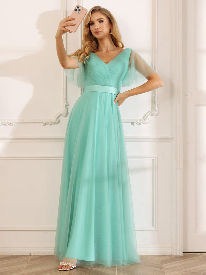 Ligne A/Princesse Col en V Manches Courtes La Longueur du Sol Long Robes de Demoiselle d'Honneur avec Dentelle