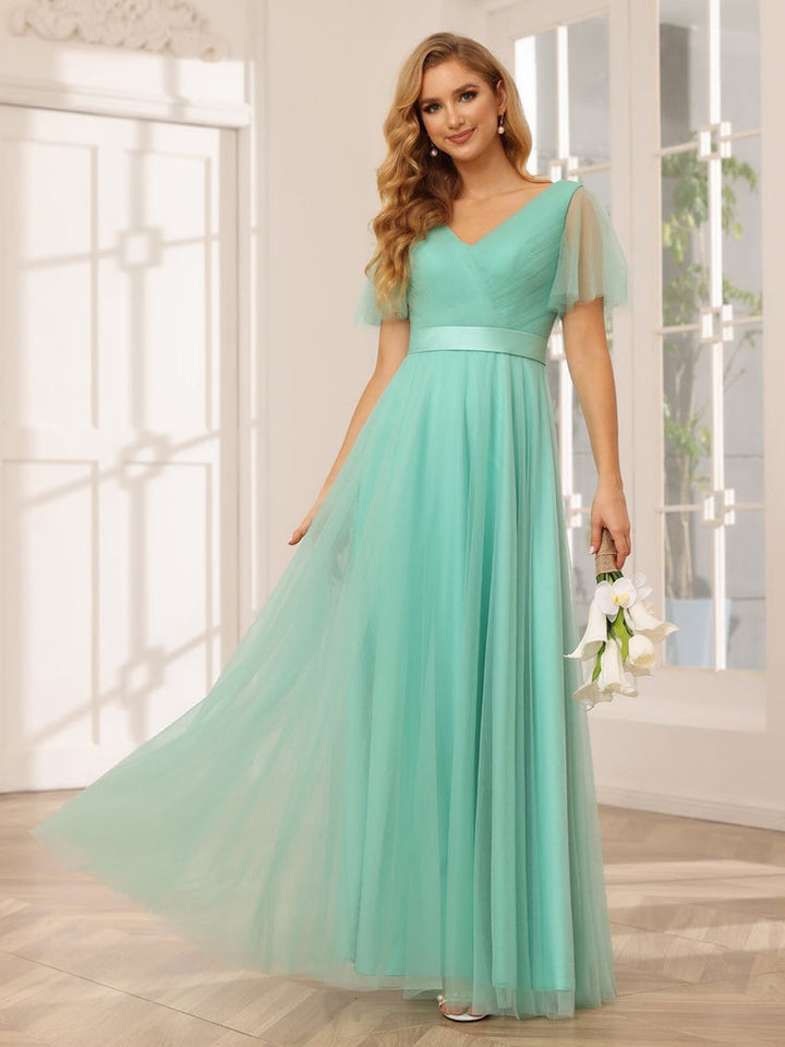 Ligne A/Princesse Col en V Manches Courtes La Longueur du Sol Long Robes de Demoiselle d'Honneur avec Dentelle