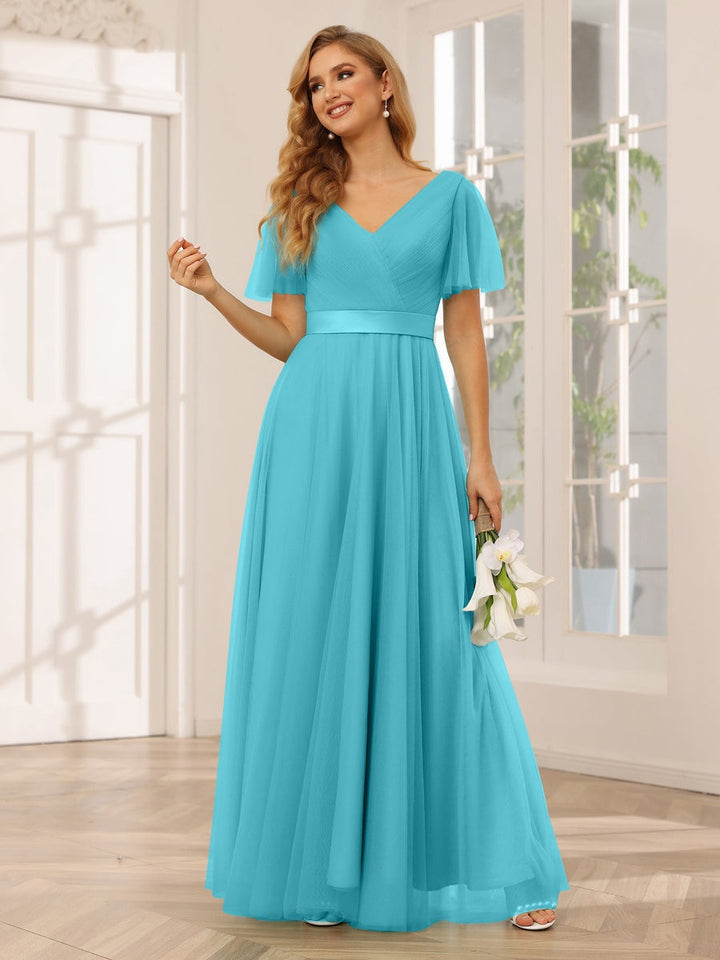 Ligne A/Princesse Col en V Manches Courtes La Longueur du Sol Long Robes de Demoiselle d'Honneur avec Dentelle