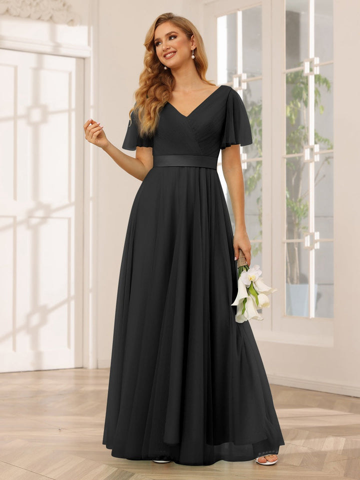 Ligne A/Princesse Col en V Manches Courtes La Longueur du Sol Long Robes de Demoiselle d'Honneur avec Dentelle