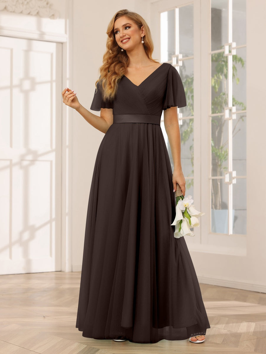 Ligne A/Princesse Col en V Manches Courtes La Longueur du Sol Long Robes de Demoiselle d'Honneur avec Dentelle
