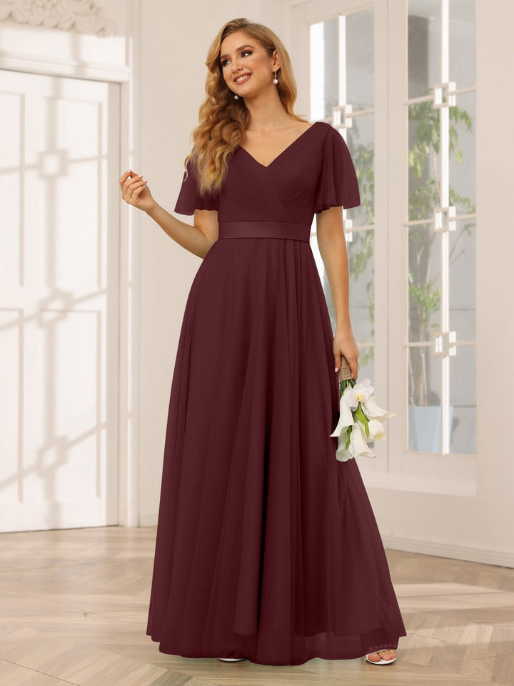 Ligne A/Princesse Col en V Manches Courtes La Longueur du Sol Long Robes de Demoiselle d'Honneur avec Dentelle
