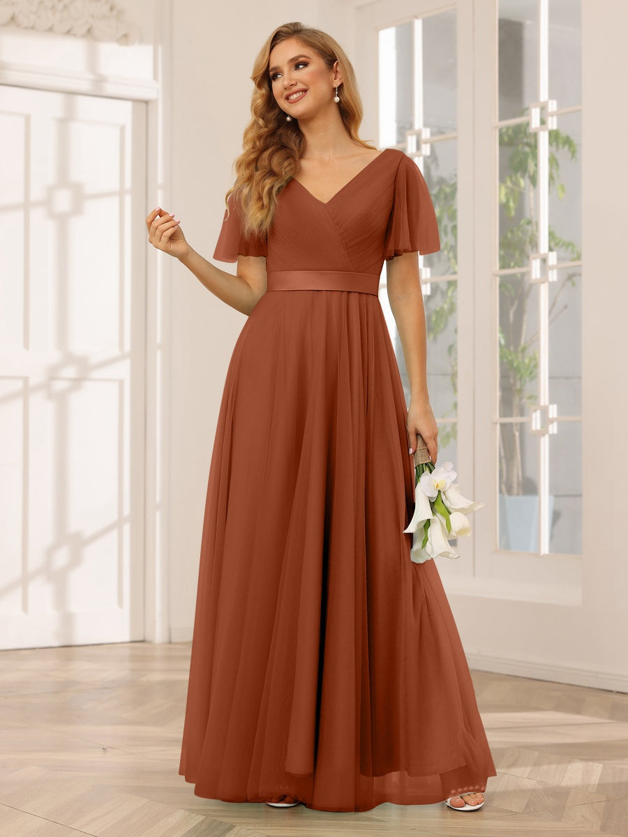 Ligne A/Princesse Col en V Manches Courtes La Longueur du Sol Long Robes de Demoiselle d'Honneur avec Dentelle