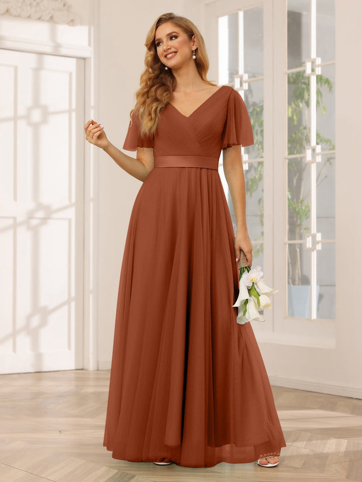 Ligne A/Princesse Col en V Manches Courtes La Longueur du Sol Long Robes de Demoiselle d'Honneur avec Dentelle