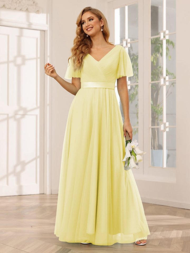 Ligne A/Princesse Col en V Manches Courtes La Longueur du Sol Long Robes de Demoiselle d'Honneur avec Dentelle