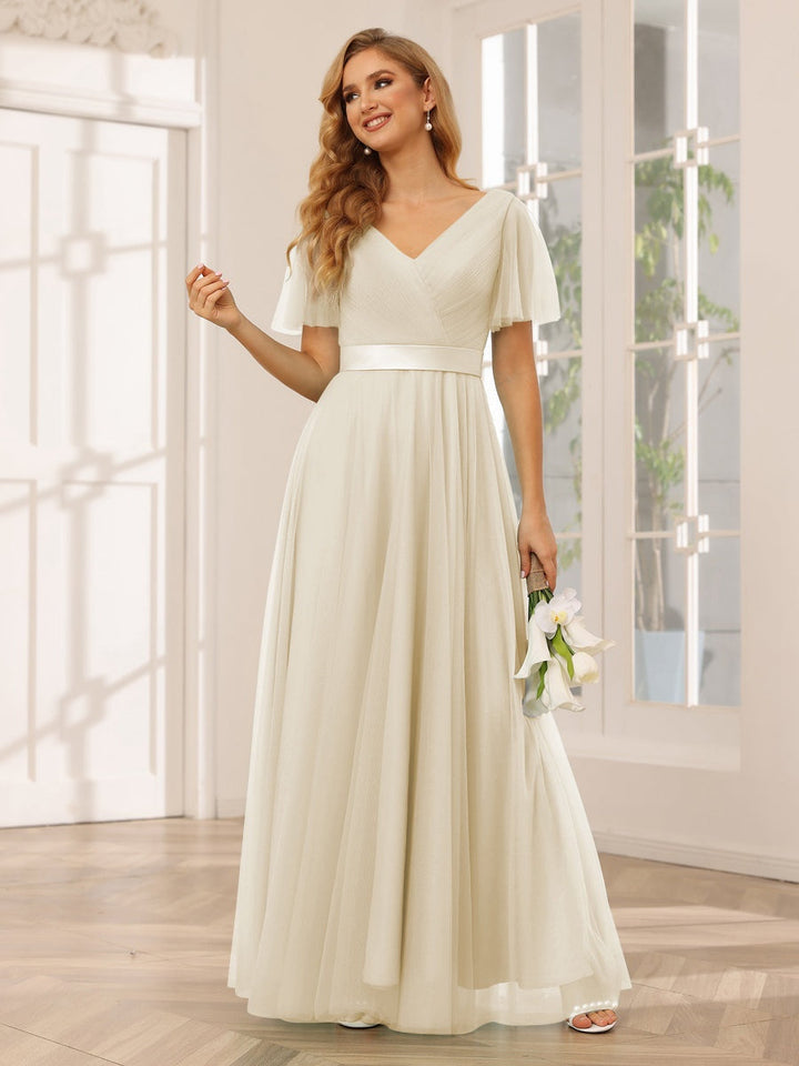 Ligne A/Princesse Col en V Manches Courtes La Longueur du Sol Long Robes de Demoiselle d'Honneur avec Dentelle