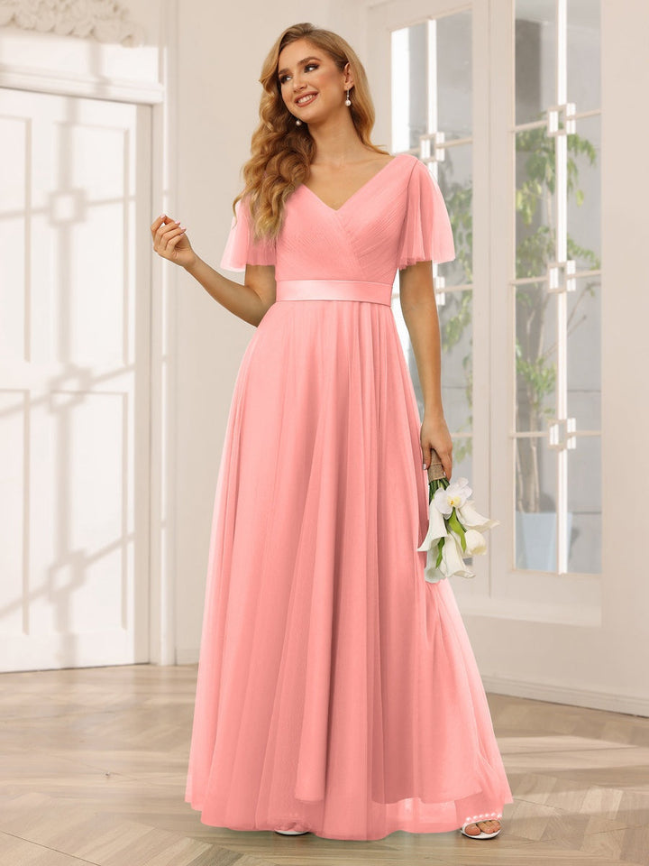 Ligne A/Princesse Col en V Manches Courtes La Longueur du Sol Long Robes de Demoiselle d'Honneur avec Dentelle